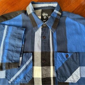 Stussy Vintage Blue Black Plaid Streetwear Short Sleeve Cotton Button Up Shirt